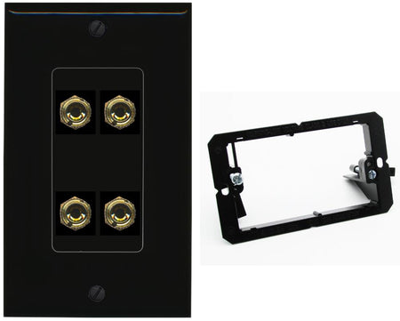 RiteAV 4 Banana 2 Speaker Surround Female Coupler Binding Post Wall Plate - Bracket [Black/Black]
