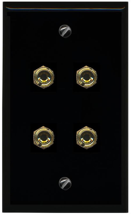 RiteAV 4 Banana 2 Speaker Surround Female Coupler Binding Post Wall Plate - Flat [Black/Black]