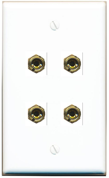 RiteAV 4 Banana 2 Speaker Surround Female Coupler Binding Post Wall Plate - Flat [White]