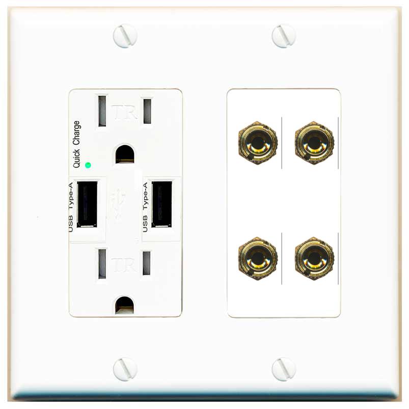 RiteAV 4 Banana 2 Speaker Surround Female Coupler Binding Post Wall Plate - USB Charger [White]