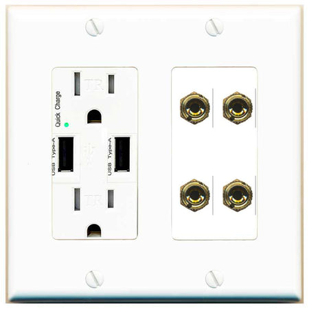 RiteAV 4 Banana 2 Speaker Surround Female Coupler Binding Post Wall Plate - USB Charger [White]