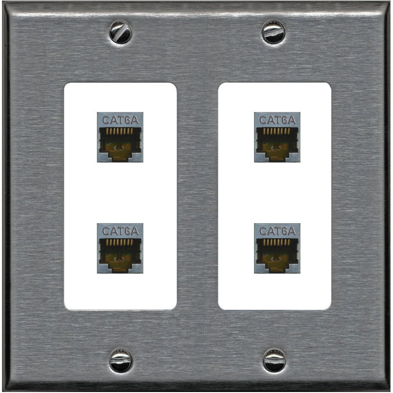RiteAV - 4 Port Cat6A Ethernet Wall Plate - 2 Gang [Stainless/White]