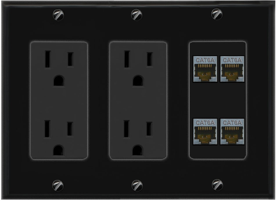 RiteAV - 4 Port Cat6A Ethernet Wall Plate - 3 Gang 2 Outlet [Black/Black]