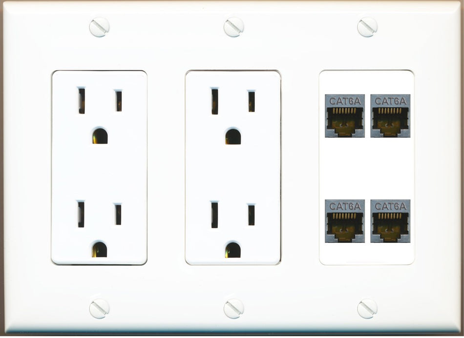 RiteAV - 4 Port Cat6A Ethernet Wall Plate - 3 Gang 2 Outlet [White]