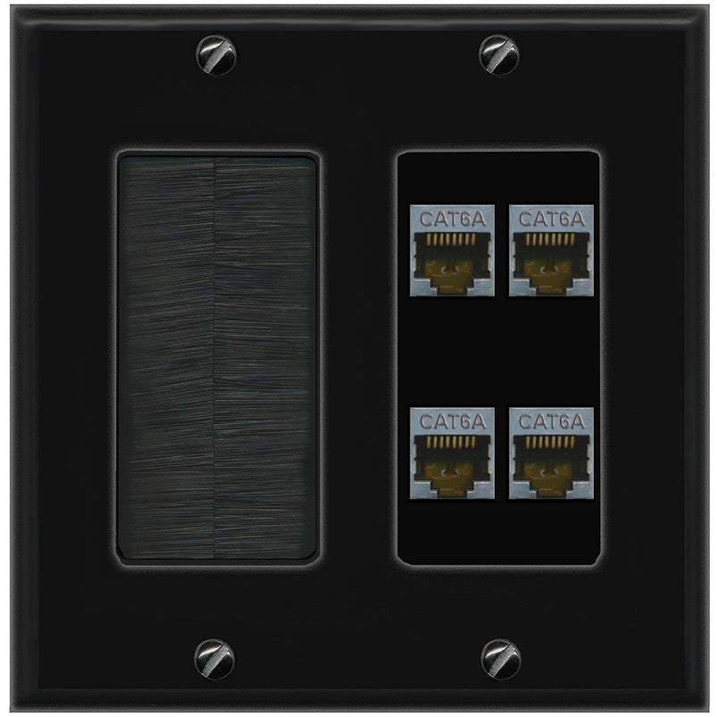 RiteAV - 4 Port Cat6A Ethernet Wall Plate - Brush [Black/Black]