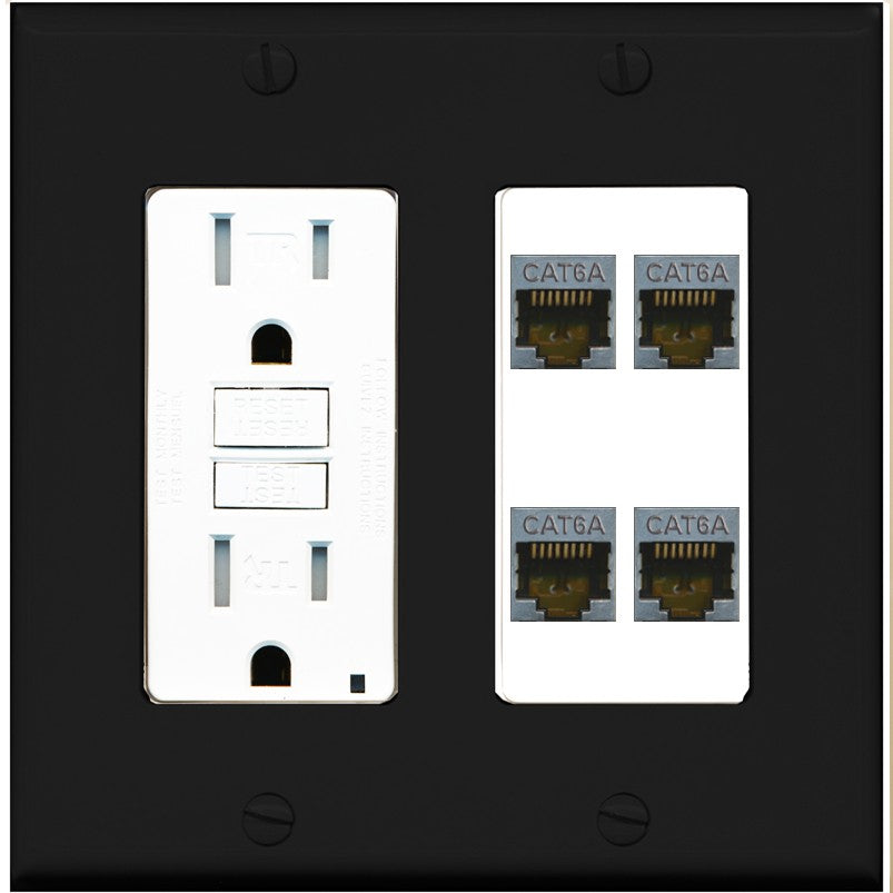 RiteAV - 4 Port Cat6A Ethernet Wall Plate - GFCI Outlet [Black/White]