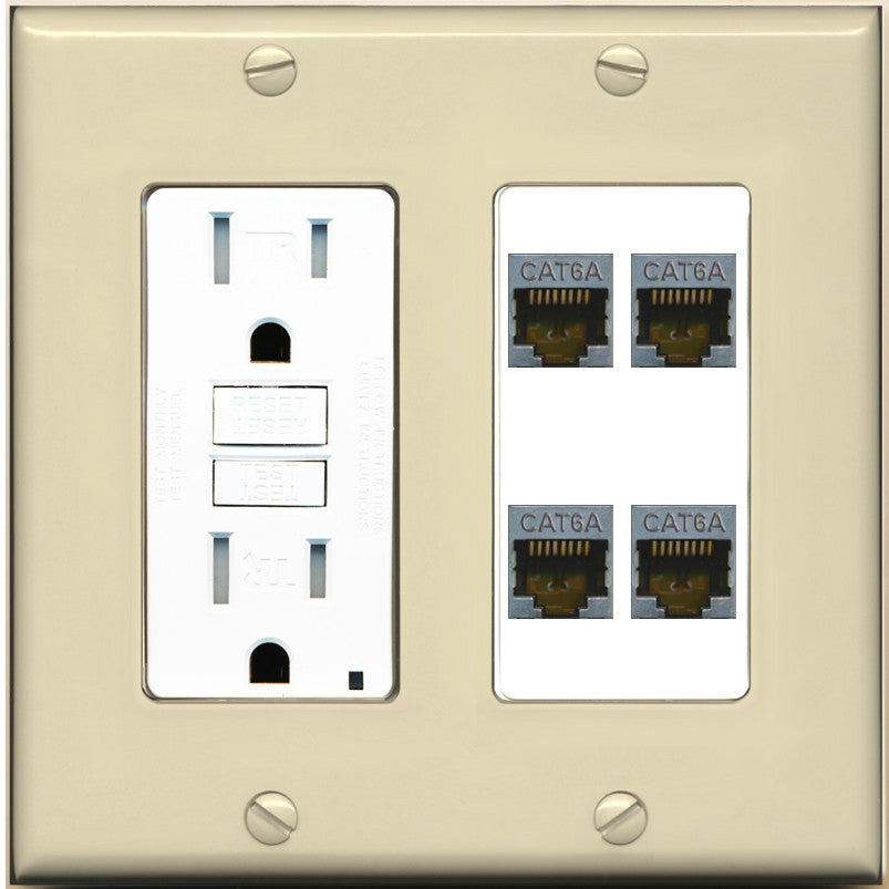 RiteAV - 4 Port Cat6A Ethernet Wall Plate - GFCI Outlet [Ivory/White]