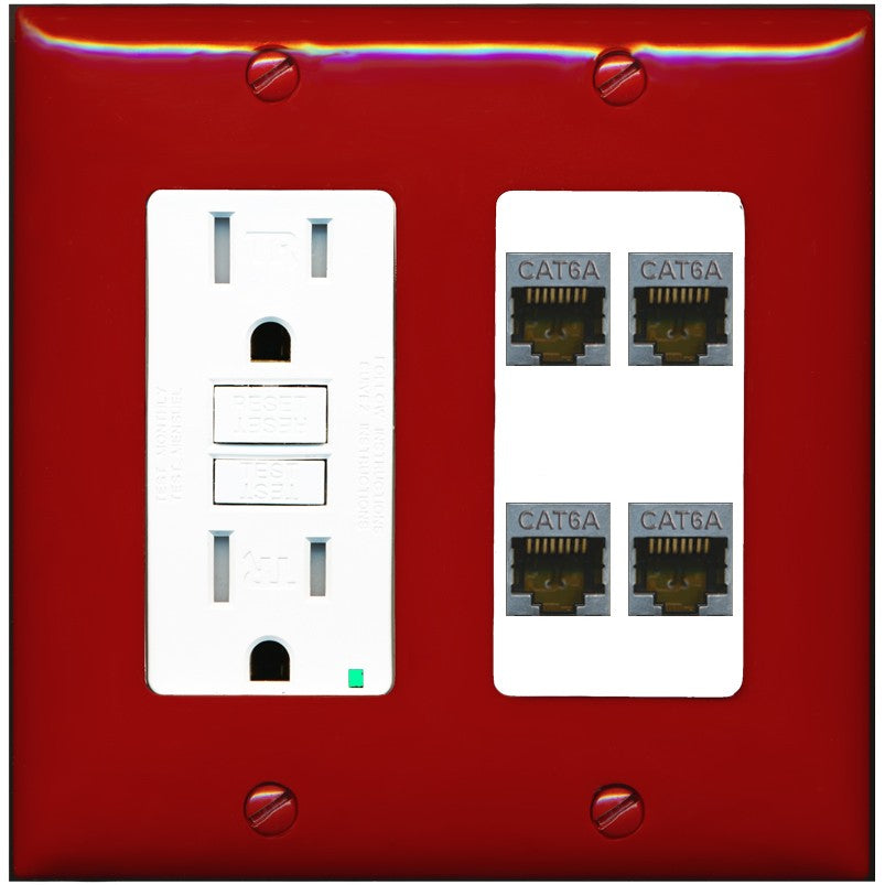 RiteAV - 4 Port Cat6A Ethernet Wall Plate - GFCI Outlet [Red/White]