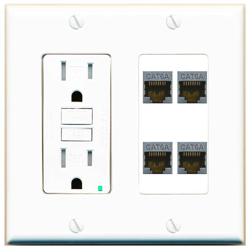 RiteAV - 4 Port Cat6A Ethernet Wall Plate - GFCI Outlet [White]