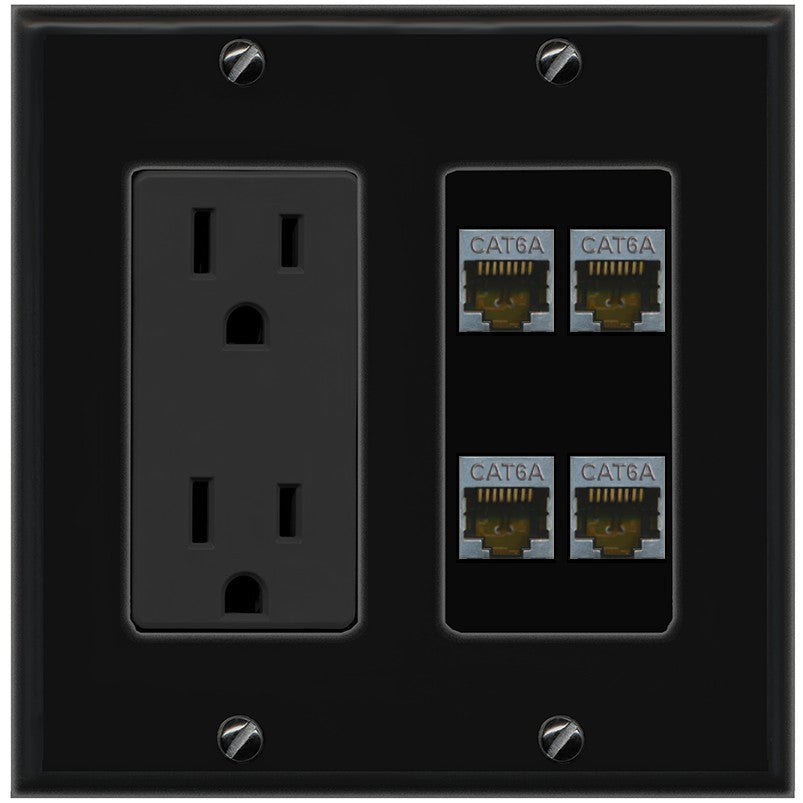 RiteAV - 4 Port Cat6A Ethernet Wall Plate - Outlet [Black/Black]