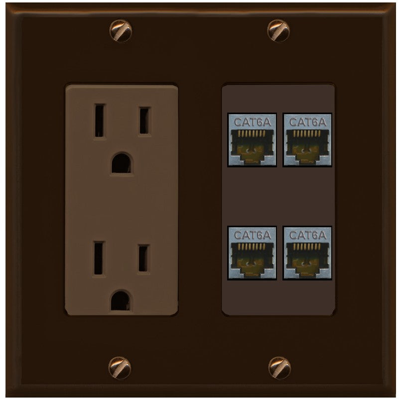 RiteAV - 4 Port Cat6A Ethernet Wall Plate - Outlet [Brown/Brown]