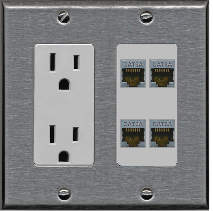 RiteAV - 4 Port Cat6A Ethernet Wall Plate - Outlet [Stainless/Gray]