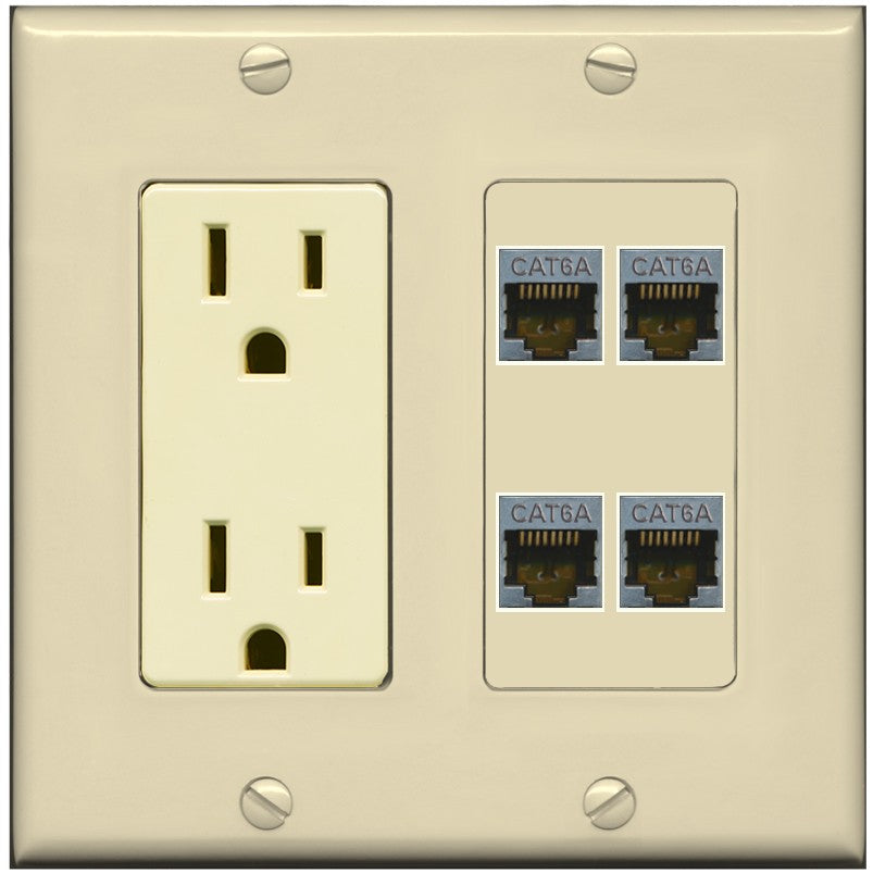 RiteAV - 4 Port Cat6A Ethernet Wall Plate - Outlet [Ivory/Ivory]