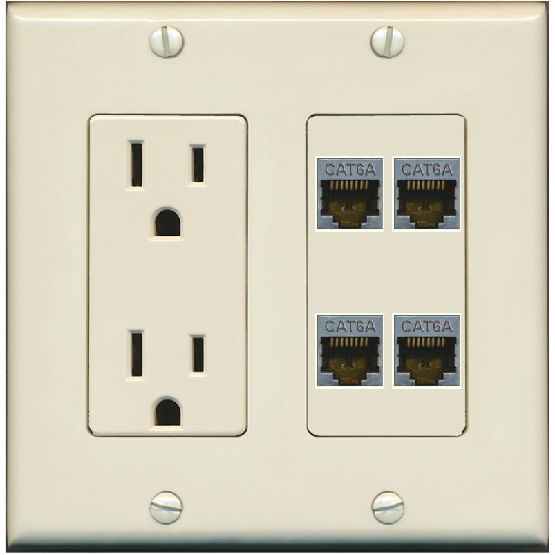 RiteAV - 4 Port Cat6A Ethernet Wall Plate - Outlet [Light-Almond]