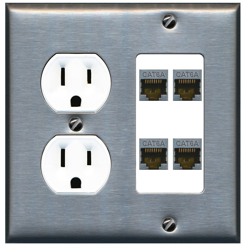 RiteAV - 4 Port Cat6A Ethernet Wall Plate - Round Outlet [Stainless/White]