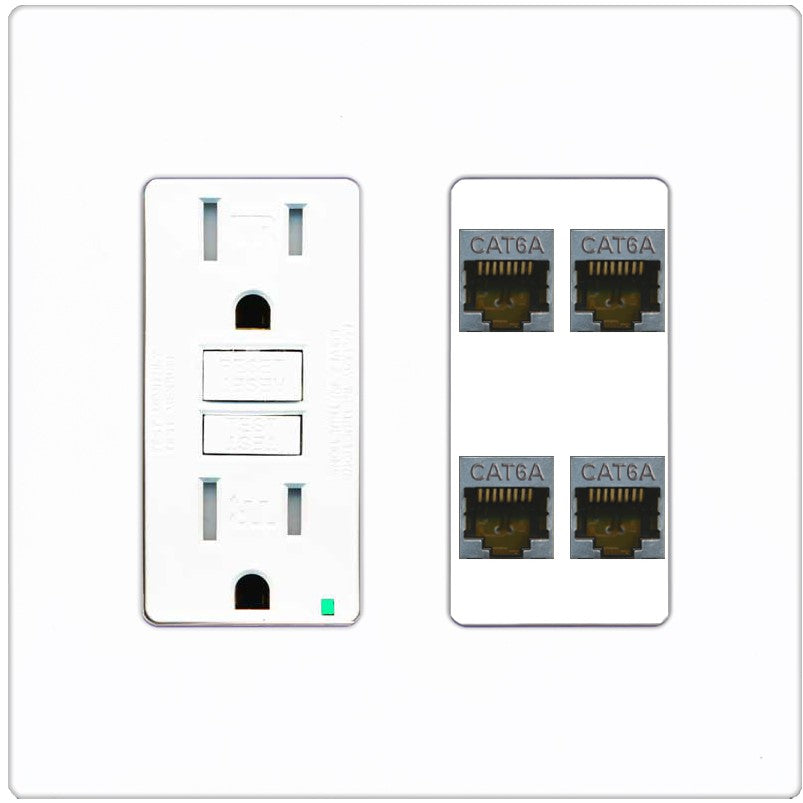 RiteAV - 4 Port Cat6A Ethernet Wall Plate - GFCI Outlet [Screwless White]