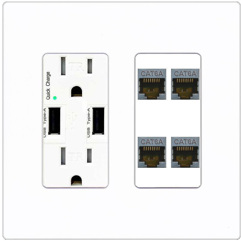 RiteAV - 4 Port Cat6A Ethernet Wall Plate - USB Outlet [Screwless White]