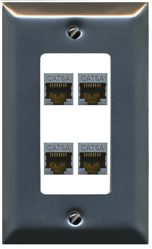 RiteAV - 4 Port Cat6A Ethernet Wall Plate - 1 Gang Decorative [Stainless/White]