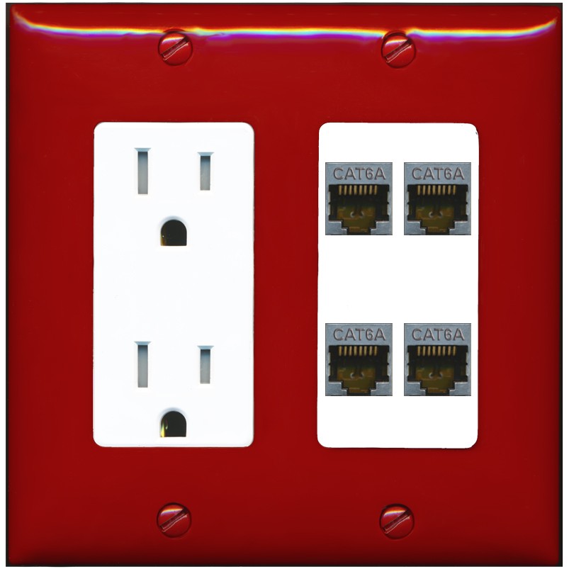 RiteAV - 4 Port Cat6A Ethernet Wall Plate - Tamper-Resistant Outlet [Red/White]