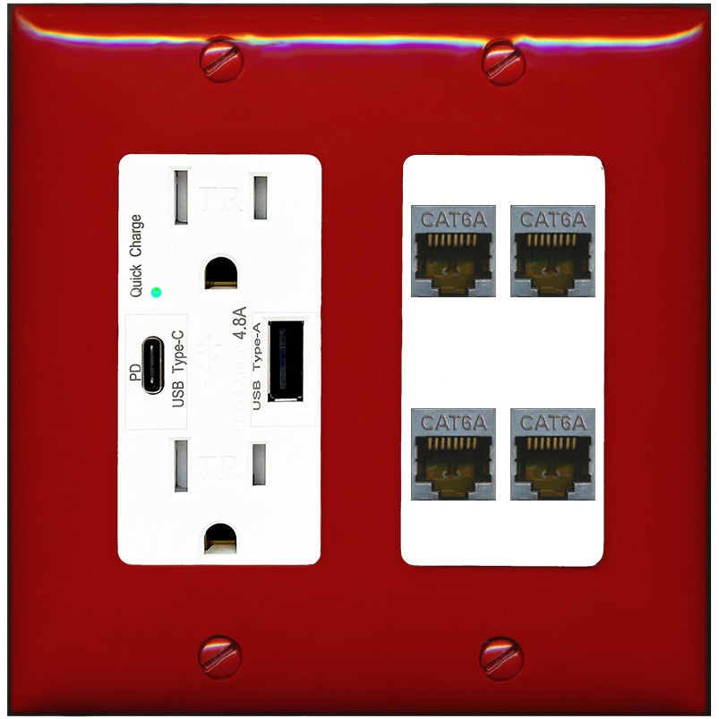 RiteAV - 4 Port Cat6A Ethernet Wall Plate - USB A+C Outlet [Red/White]