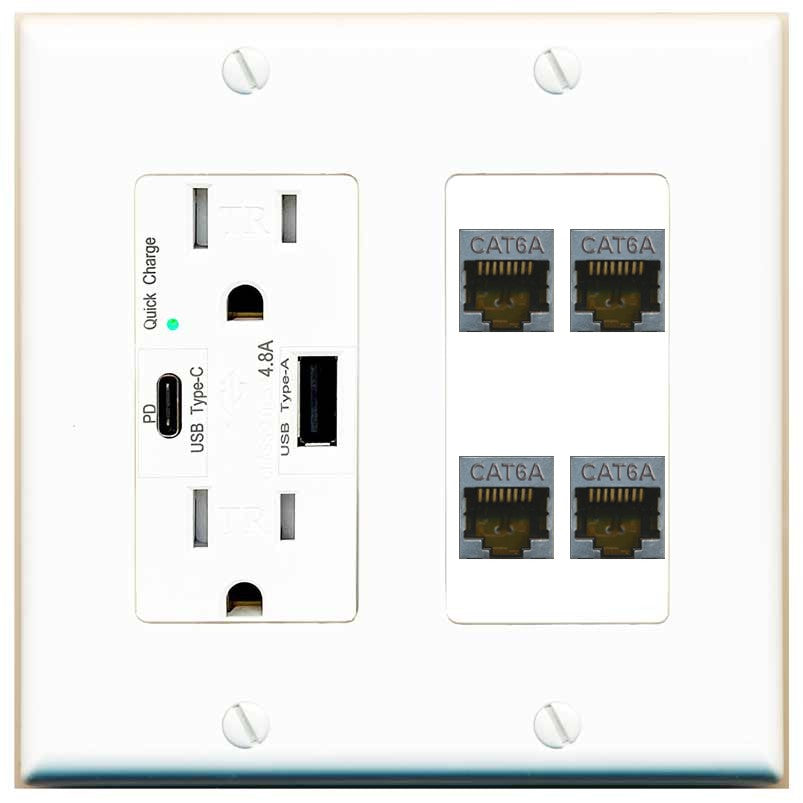 RiteAV - 4 Port Cat6A Ethernet Wall Plate - USB A+C Outlet [White]