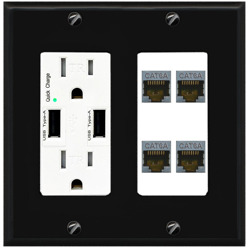 RiteAV - 4 Port Cat6A Ethernet Wall Plate - USB Outlet [Black/White]