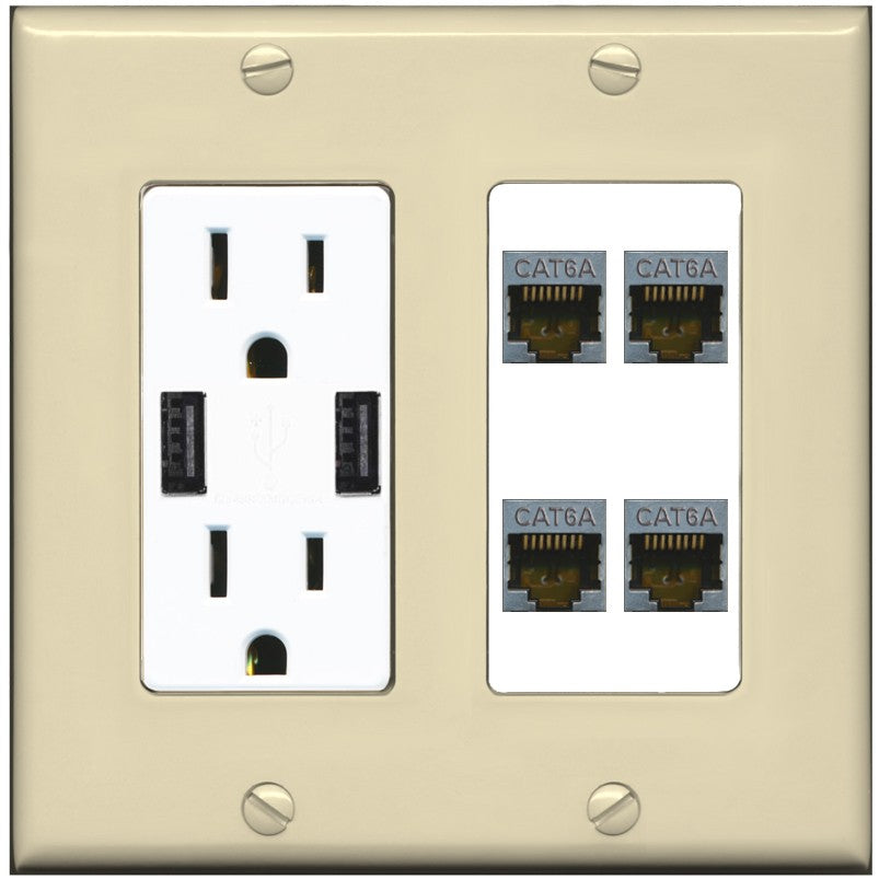 RiteAV - 4 Port Cat6A Ethernet Wall Plate - USB Outlet [Ivory/White]