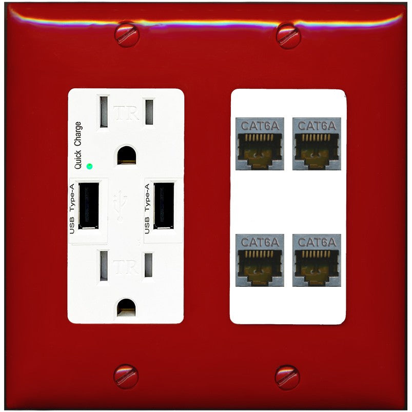 RiteAV - 4 Port Cat6A Ethernet Wall Plate - USB Outlet [Red/White]