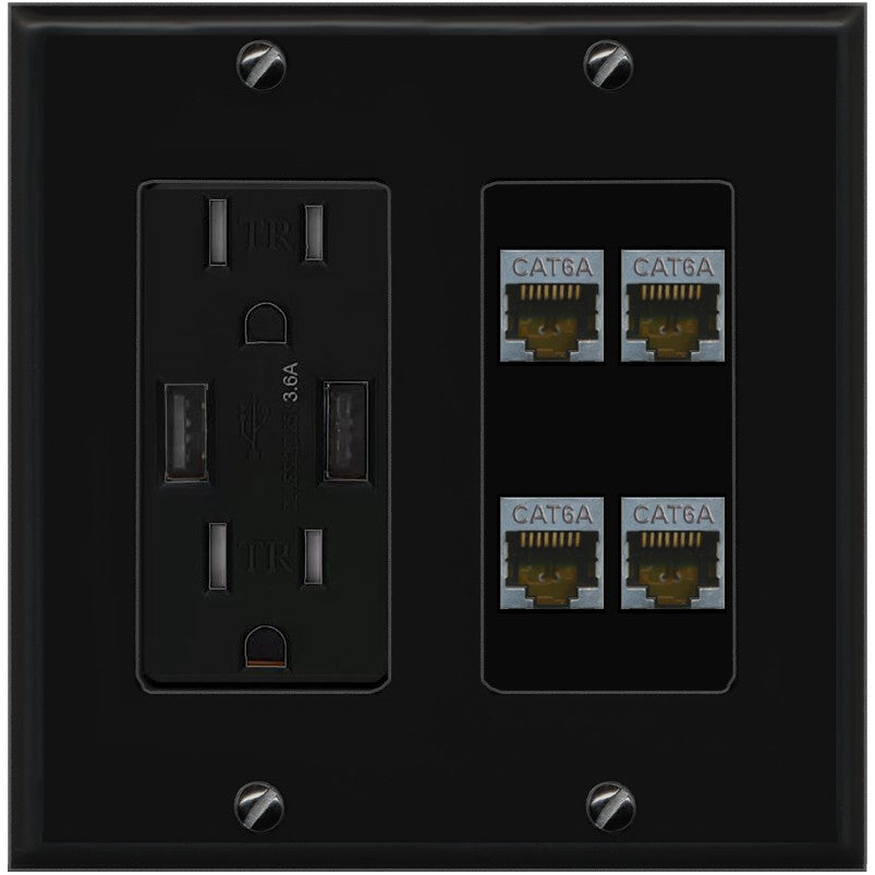 RiteAV - 4 Port Cat6A Ethernet Wall Plate - USB Outlet [Black/Black]
