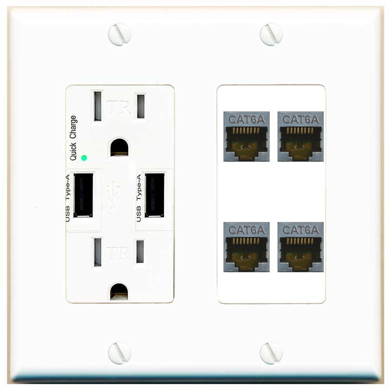 RiteAV - 4 Port Cat6A Ethernet Wall Plate - USB Outlet [White]