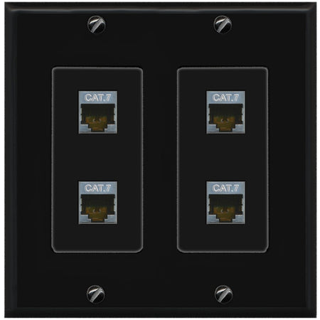 RiteAV 4 Port Cat7 Shielded Ethernet Wall Plate - 2 Gang [Black/Black]