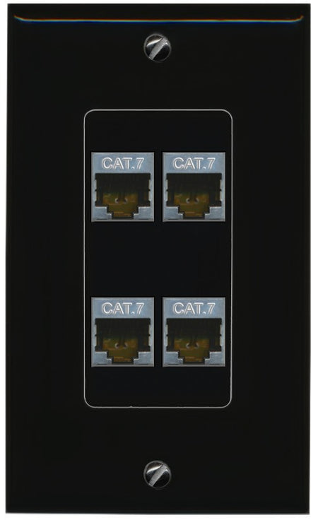 RiteAV 4 Port Cat7 Shielded Ethernet Wall Plate - 1 Gang Decorative [Black/Black]