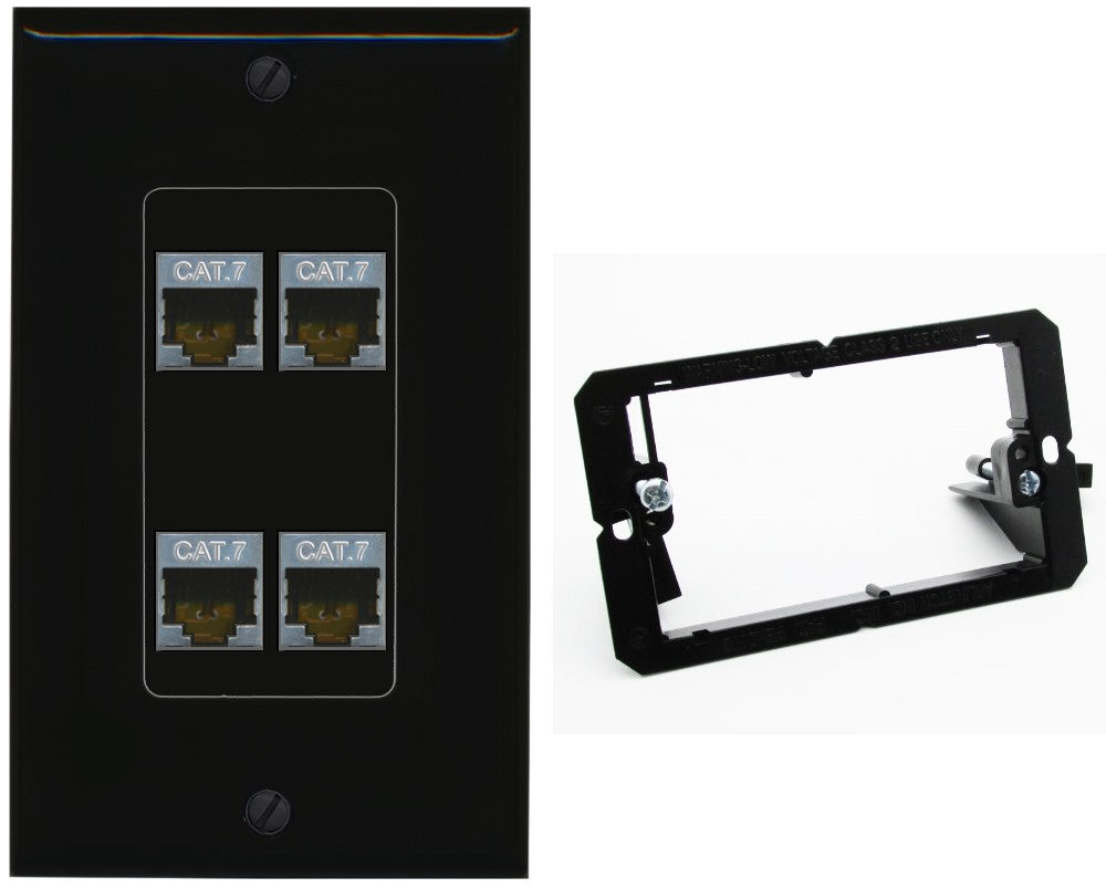 RiteAV 4 Port Cat7 Shielded Ethernet Wall Plate - Bracket [Black/Black]