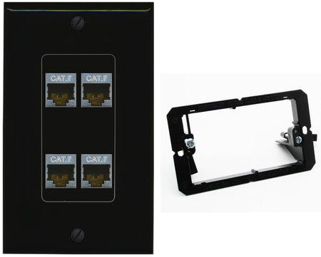 RiteAV 4 Port Cat7 Shielded Ethernet Wall Plate - Bracket [Black/Black]