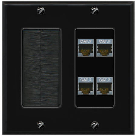 RiteAV 4 Port Cat7 Shielded Ethernet Wall Plate - Brush [Black/Black]