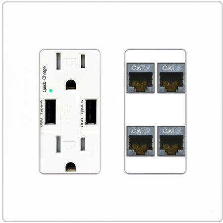RiteAV 4 Port Cat7 Shielded Ethernet Wall Plate - USB Outlet [Screwless White]