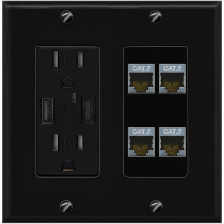 RiteAV 4 Port Cat7 Shielded Ethernet Wall Plate - USB Outlet [Black/Black]