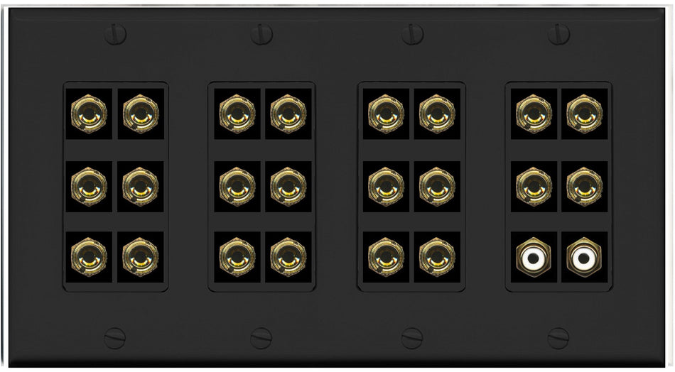 RiteAV 11.2 Surround Sound Speaker 22 Banana Port Wall Plate w/2 x RCA Female Connectors - 4 Gang [Black]