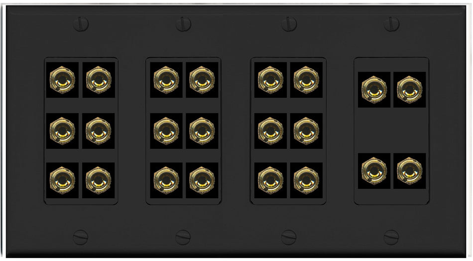 RiteAV 11.0 Surround Sound Speaker 22 Banana Wall Plate Female Connectors - 4 Gang [Black]