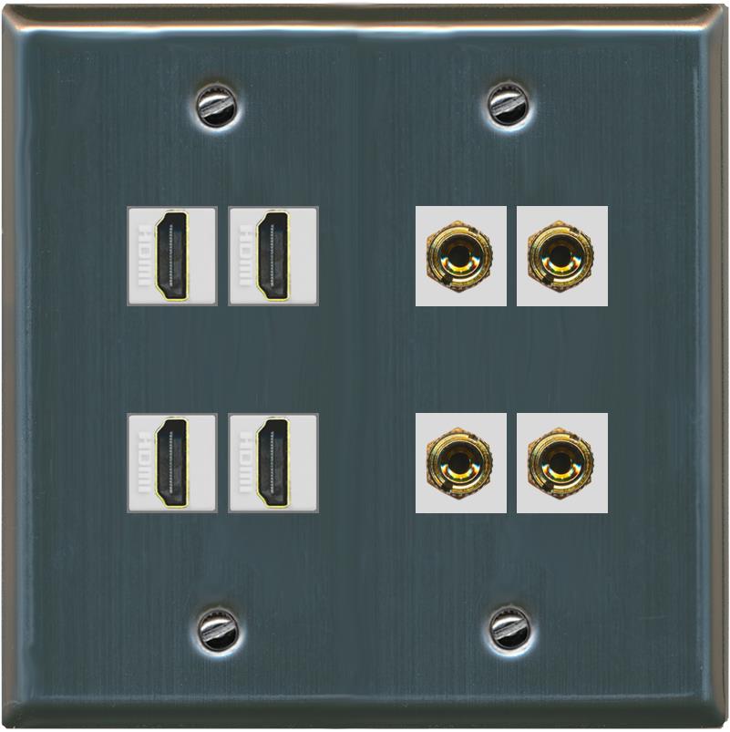 RiteAV 4 HDMI 4 Banana (2 Speaker) Wall Plate - Flat 2 Gang [Stainless Steel]