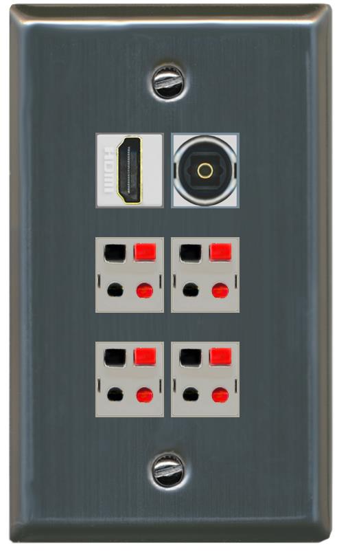 RiteAV 4 Speaker 1 HDMI Toslink Wall Plate - Flat [Stainless Steel]