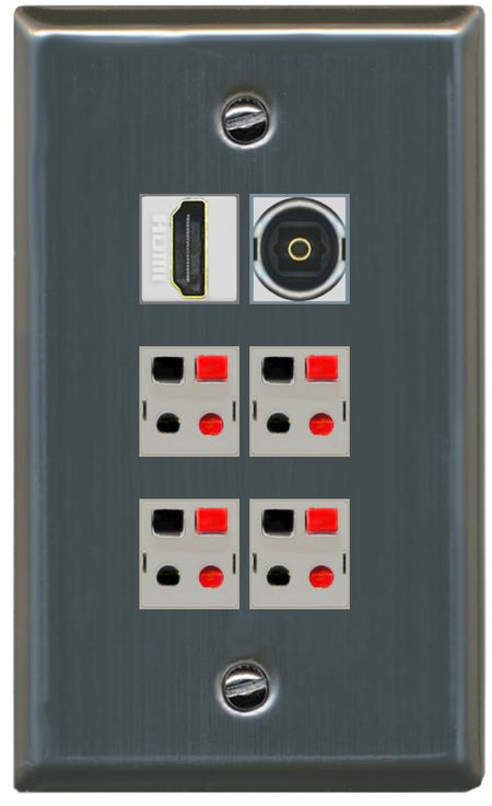 RiteAV 4 Speaker 1 HDMI Toslink Wall Plate - Flat [Stainless Steel]