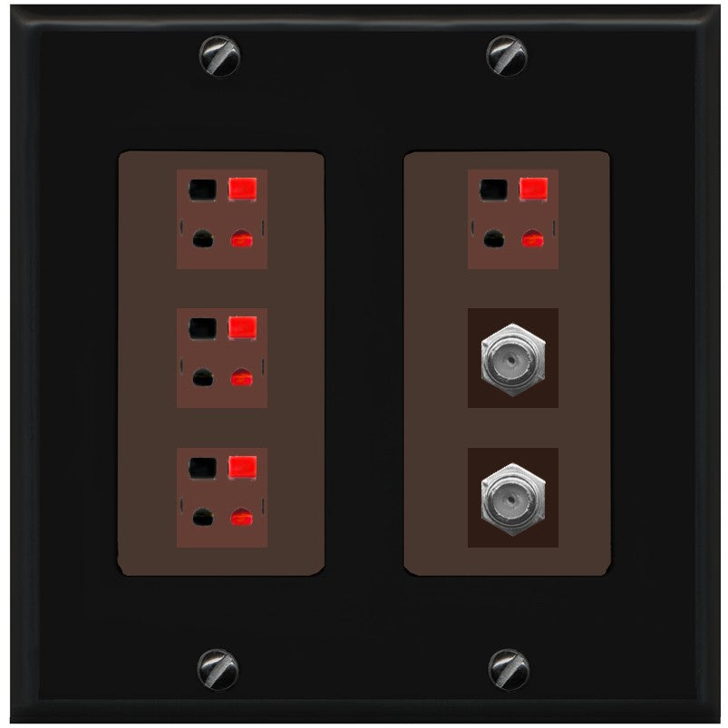 RiteAV 4 Speaker 2 Port Coax Cable TV Wall Plate - 2 Gang [Black/Brown]
