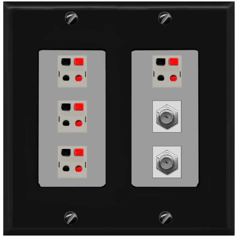 RiteAV 4 Speaker 2 Port Coax Cable TV Wall Plate - 2 Gang [Black/Gray]