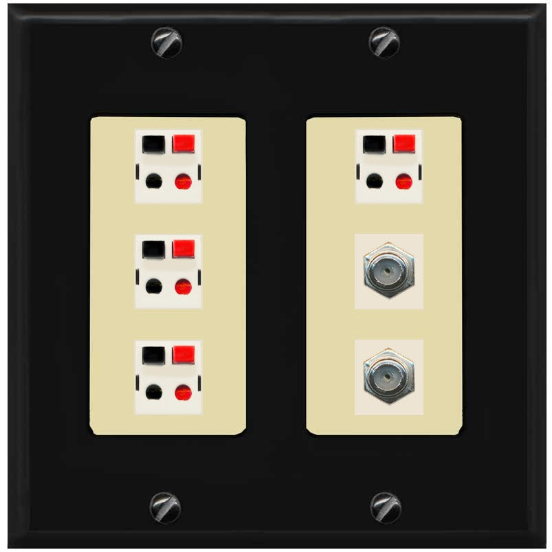 RiteAV 4 Speaker 2 Port Coax Cable TV Wall Plate - 2 Gang [Black/Ivory]