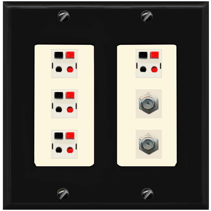 RiteAV 4 Speaker 2 Port Coax Cable TV Wall Plate - 2 Gang [Black/Light-Almond]