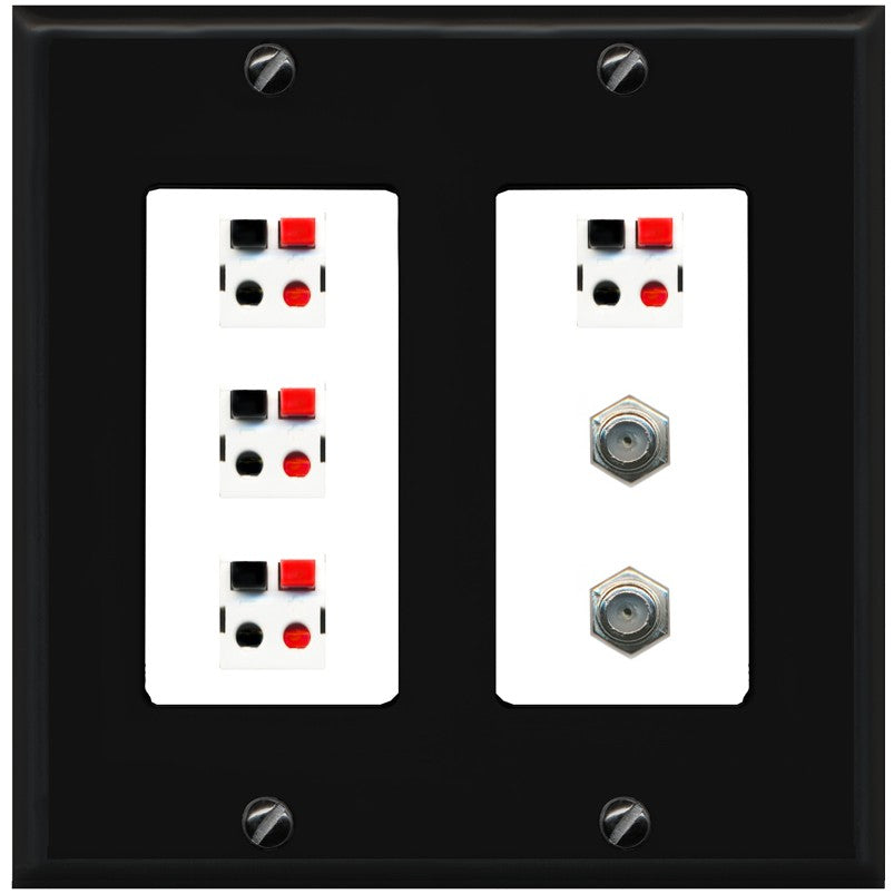 RiteAV 4 Speaker 2 Port Coax Cable TV Wall Plate - 2 Gang [Black/White]