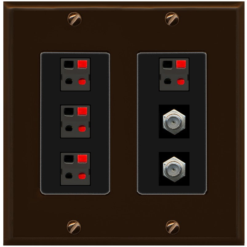 RiteAV 4 Speaker 2 Port Coax Cable TV Wall Plate - 2 Gang [Brown/Black]