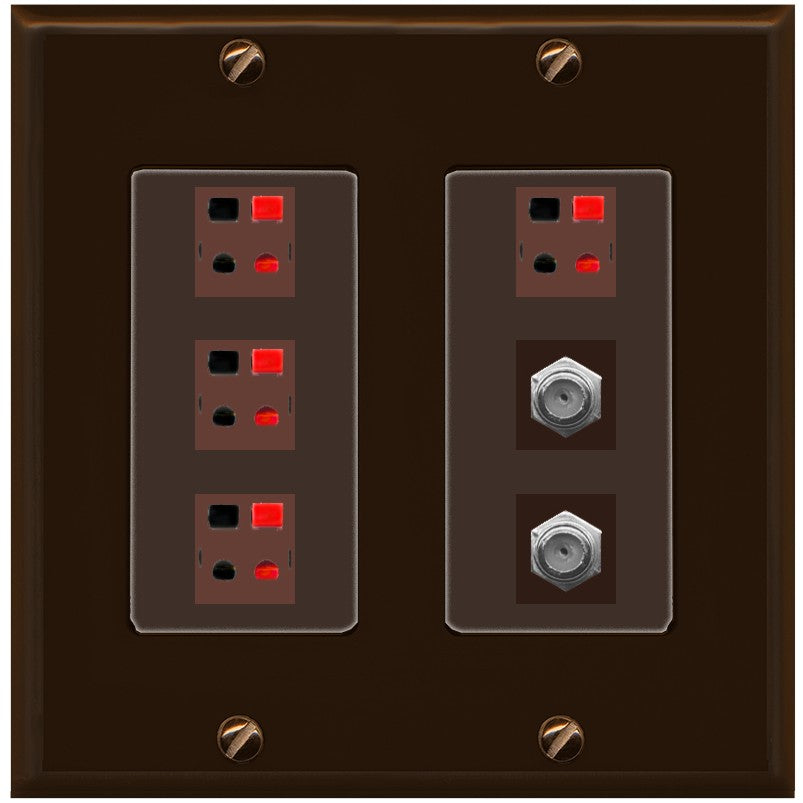 RiteAV 4 Speaker 2 Port Coax Cable TV Wall Plate - 2 Gang [Brown/Brown]