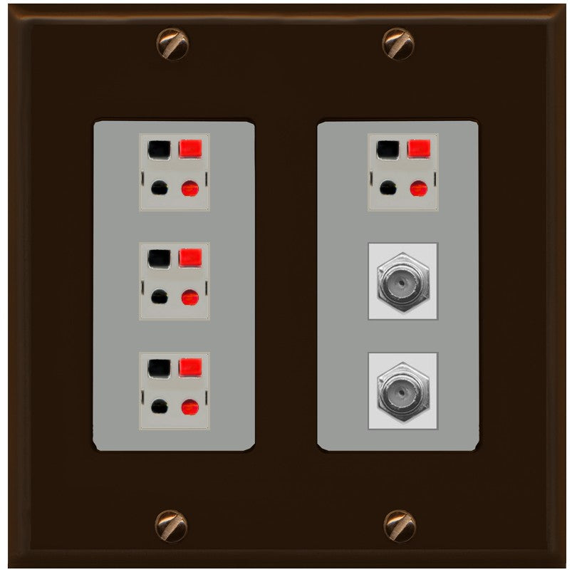 RiteAV 4 Speaker 2 Port Coax Cable TV Wall Plate - 2 Gang [Brown/Gray]